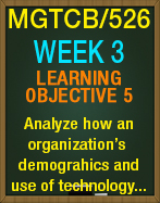 MGTCB/526 COMPETENCY 3 LO5: Analyze how an organization’s demographics and use of technologies affect the business environment.
